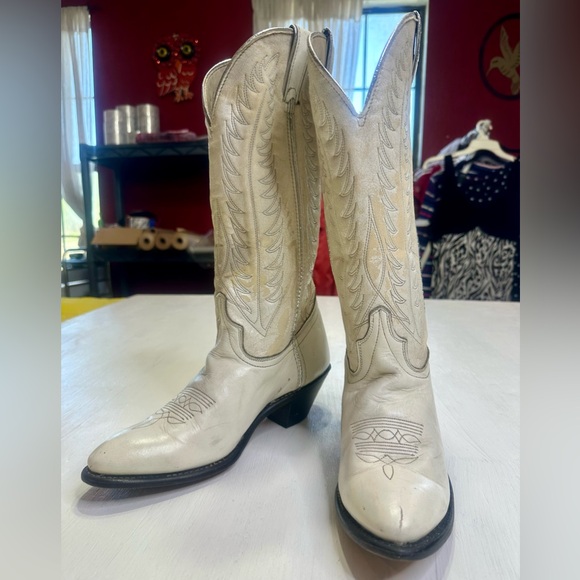 Vintage 90s Santa Fe Boot Co Cream Western Boots Womens 8.5 USA Leather - Picture 2 of 15